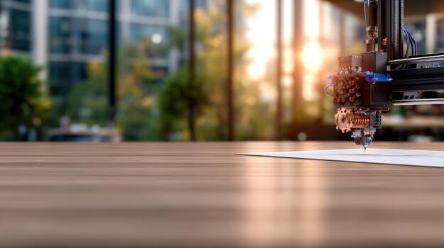 Automated precision machine working on a material surface with intricate detail against a blurred urban background photo