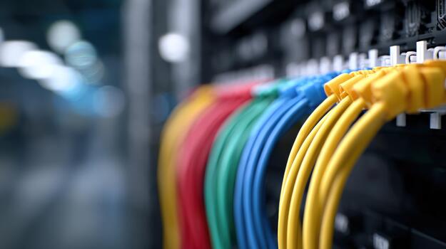 Colorful network cables connecting into a server rack for data transmission and communication infrastructure in a modern technology environment photo