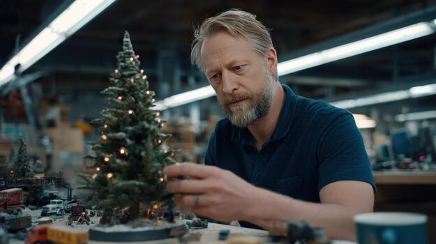 Man arranging a miniature holiday tree with warm lights on a detailed model display in a workshop setting photo