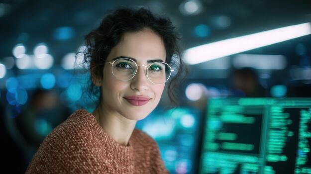 Smiling woman in glasses working with computer in modern office environment technology and programming concept photo