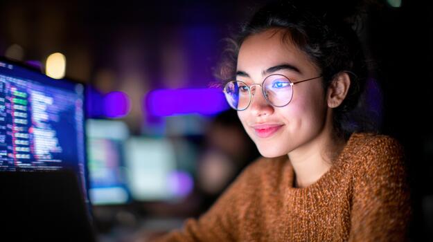 Young woman working on computer at night with screen light reflection on face coding or programming in dark environment photo