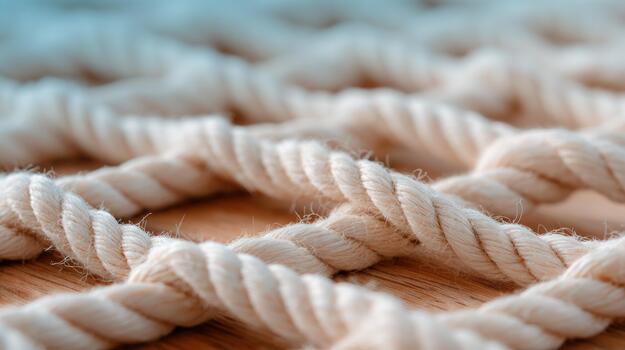 Natural textured rope background on wooden surface close up twisted cord material with selective focus and warm lighting for design elements photo