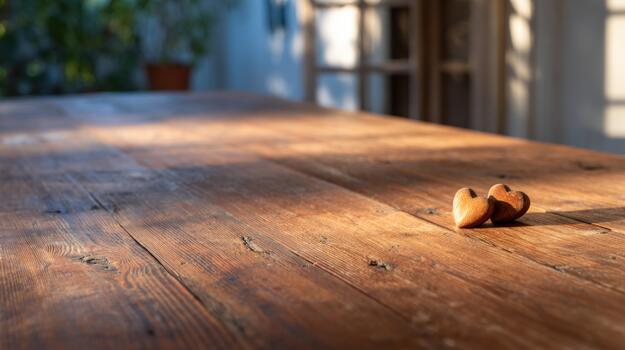 Two wooden heart objects on a rustic table with dappled sunlight and shadows creating a warm serene atmosphere photo