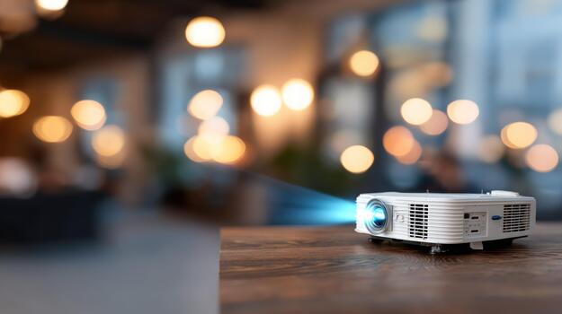 Digital projector displaying light beam on wooden table in office with bokeh background photo