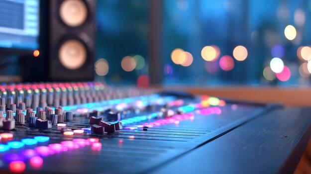 Professional audio mixing console with illuminated controls in a modern recording studio setting at night for music production and sound engineering photo