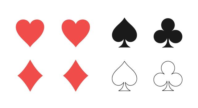 Assortment of playing card suits in solid red and black, with outlined versions of spades and clubs, presented on a clear white background. vector