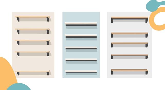 Three distinct sets of minimalist empty wall shelves featuring various styles, colors, and bracket designs on different colored backgrounds. vector