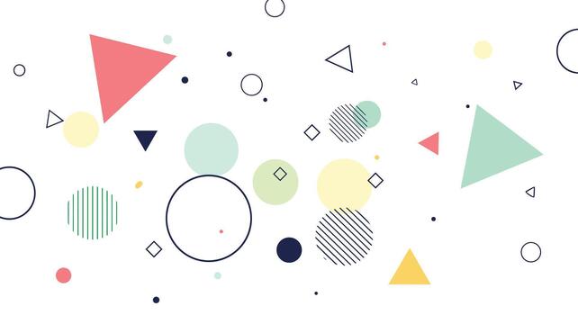 Abstract background with a lively scattering of geometric shapes including circles, triangles, and diamonds, rendered in soft pastel hues and crisp outlines. vector