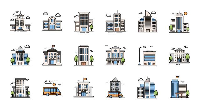 colección de diverso edificio y paisaje urbano íconos en un moderno plano línea estilo, representando urbano arquitectura y infraestructura. vector