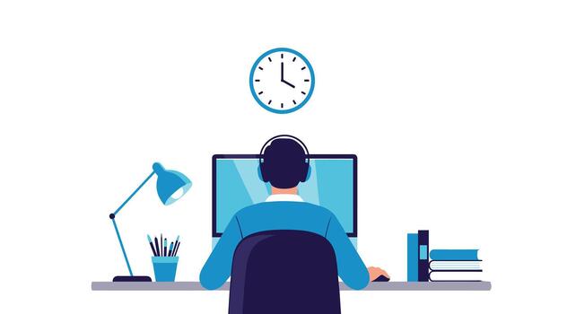 A person focused on working or studying at a computer desk, equipped with headphones and office essentials, highlighting productivity and remote engagement. vector