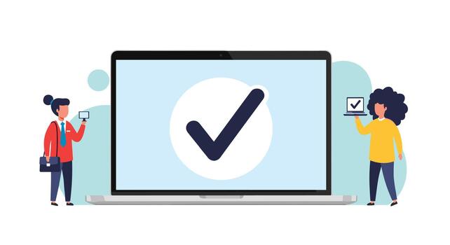 Two cartoon people interact with a large laptop displaying a checkmark, symbolizing successful online verification or task completion. vector