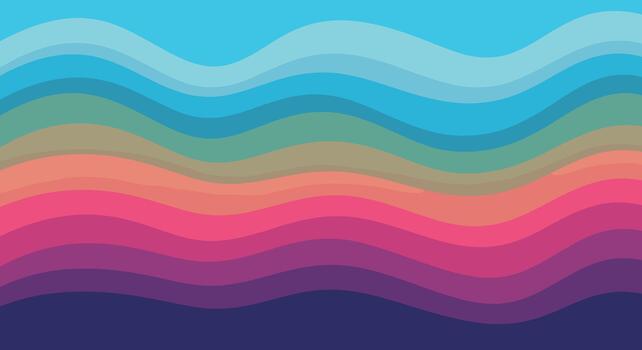 Abstract background featuring a vibrant gradient of undulating, flowing wave patterns in a spectrum of cool blues, greens, warm oranges, and deep purples. vector