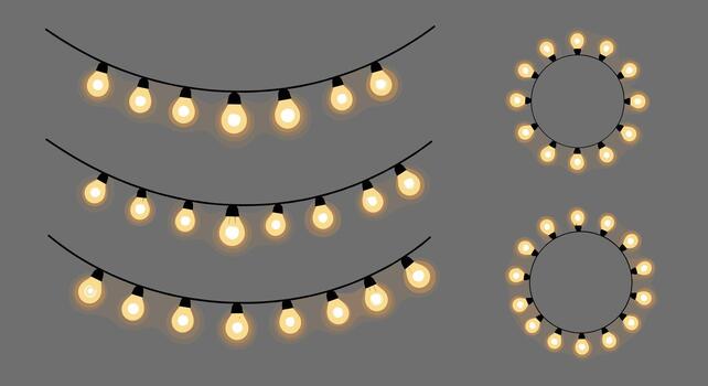 Warm glowing yellow string lights collection featuring elegant draped garlands and festive circular frames on a neutral background. vector