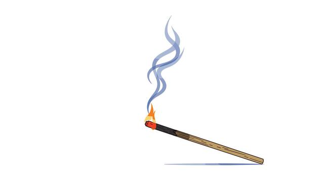 A burning wooden matchstick with a bright orange flame and a swirling wisp of blue smoke, creating a simple yet striking visual on a clean white background. vector