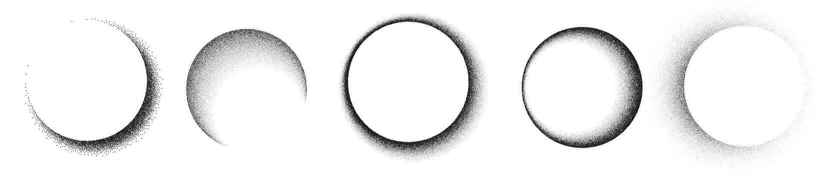 Noise spray spheres set. Shadow gradient with dots. Round shapes with grain effect. Dot dissolve gritty monochrome texture. Gray stipple pattern vector