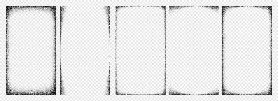 Set of vertical gradient noise background with fade grainy effect dust. Realistic transparent overlays with gritty stipple textures. Retro aesthetic frames vector