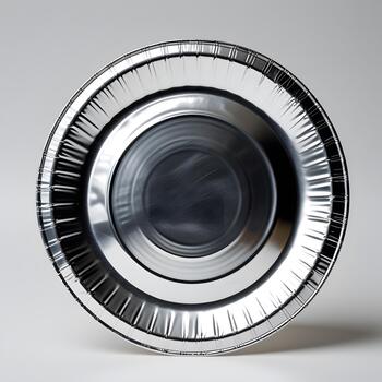 Round foil paper plate with a shiny metallic finish and intricate texture details, showcasing every subtle crease and curve, perfectly isolated on a pure white background photo