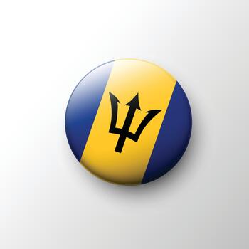 Glossy 3D Barbados flag button with trident symbol vector