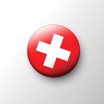Glossy 3D Switzerland flag button with white cross vector