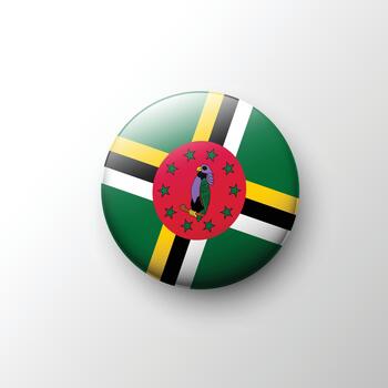Glossy 3D Dominica flag button with parrot emblem and cross vector