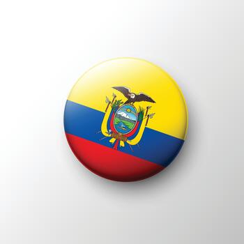 Glossy 3D Ecuador flag button with coat of arms vector