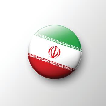 Glossy 3D Iran flag button with emblem and script band vector