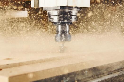 Cnc machine at carpentry workshop. Cutting wood with various router bits. photo