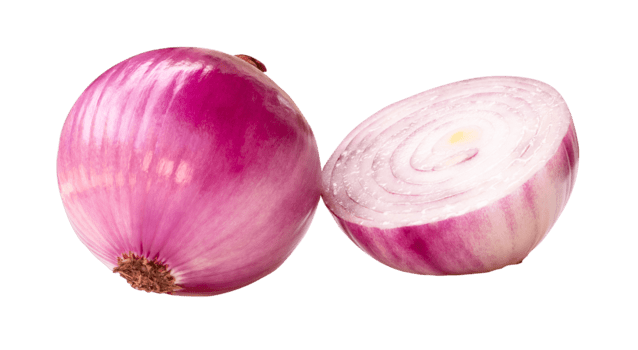 Fresh unpeeled red or purple Spanish onion bulb with half in stack isolated with clipping path in file format png