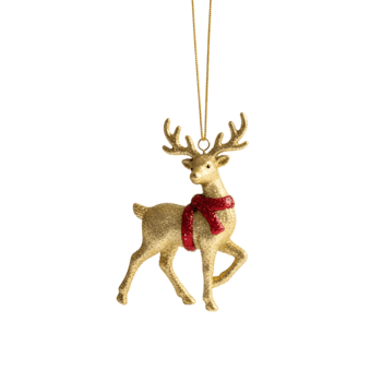 elegante dourado rena enfeite com vermelho cachecol acrescenta festivo animar para feriado decorações, criando uma caloroso e convidativo Natal ambiente png