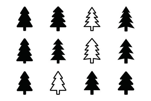 A set of black and white trees with different sizes vector