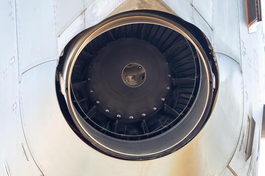Close macro view of turboprop engine intake showing fan blades and circular frame photo