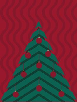 Christmas card with green triangular tree, festive ornaments, red abstract background and empty space for custom text vector