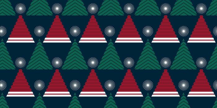 Holiday seamless pattern with triangular Christmas trees and red Santa hats on dark background. Great for textile prints, wrapping paper and festive decor vector