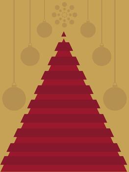 Holiday card featuring striped red triangular tree, light abstract background with toy silhouettes, festive greeting and customizable text area vector