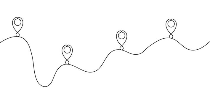 Continuous Line Location Pins - Minimalist One Line Art of Map Route with Wavy Path vector