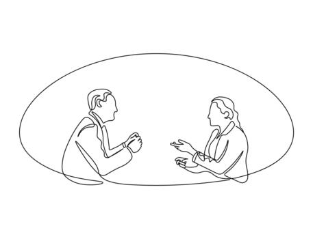 One Line Job Interview - Minimal Continuous Drawing of Recruiter and Candidate at Table vector