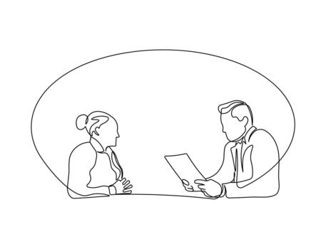 One Line Art Job Interview - Minimalist Continuous Line Drawing of Recruiter and Candidate Talking at Table vector