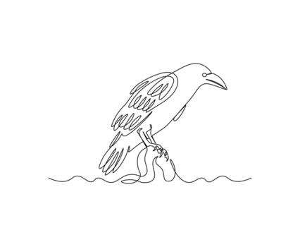 One Line Art Crow on Branch - Minimalist Continuous Line Drawing of Perched Bird vector