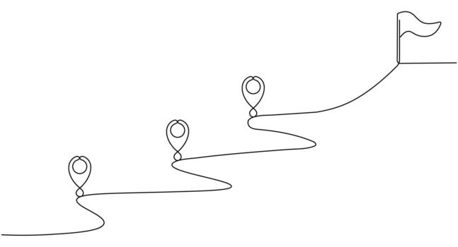 Continuous Line Journey Path - Minimalist One Line Art with Location Pins and Goal Flag vector
