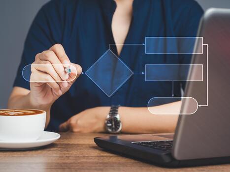 Businessman pointing to workflow with the flowchart on a virtual screen while sitting at the table in the office. photo