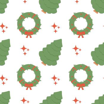 Christmas and New Year pattern with tree, wreath and stars. vector