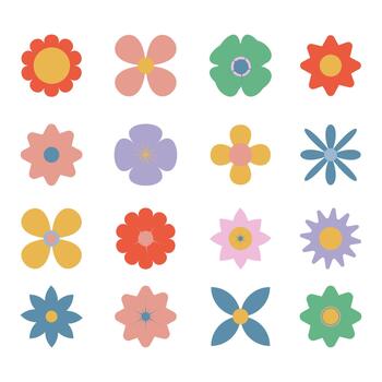 Set of simple abstract flowers in brutalism style on isolated background. Top view. vector