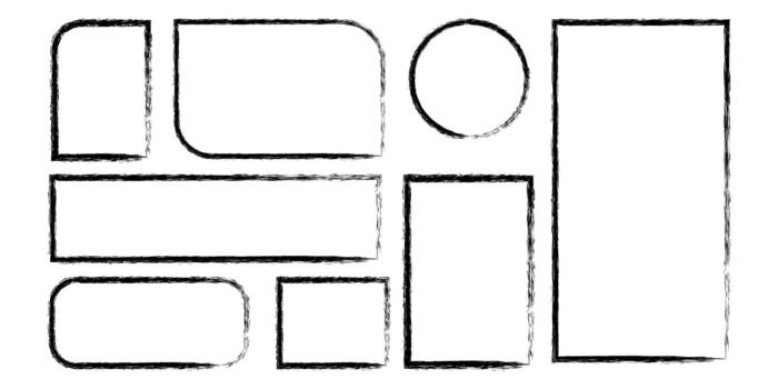 Set of black frames drawn with brush. Flat abstract shapes with scratched texture on white background. vector