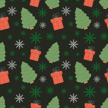 Christmas pattern with a gift, a tree and snowflakes.Seamless texture. vector