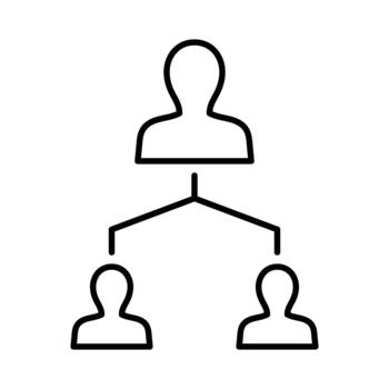 Outline icon of a hierarchical structure, showing one person leading two others, symbolizing team organization, management, reporting. vector