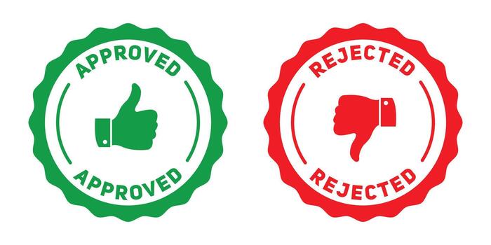Green approved badge with thumbsup and red rejected badge with thumbsdown, symbolizing approval, rejection, and decision. vector
