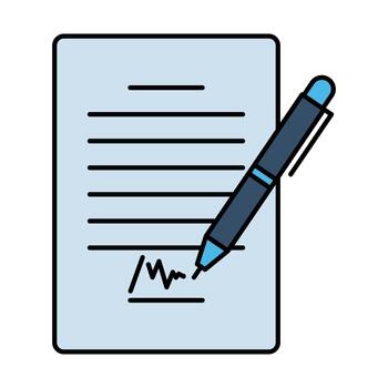 A document with text lines, a signature, and a pen, symbolizing a signed contract, agreement, or legal form. vector
