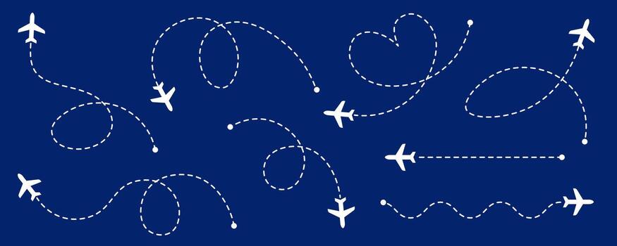 Set of various abstract white airplane flight paths in the form of straight and curved lines, streamer and heart on a navy blue background. Best for travel, aviation and navigation design. vector
