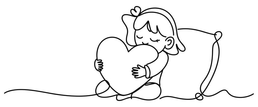 Continuous Line Art of a Child Hugging a Heart Pillow on White Background one line drawing vector