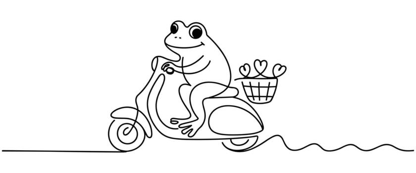 Continuous Line Drawing of a Frog Riding a Scooter with a Basket of Hearts on a White Background vector